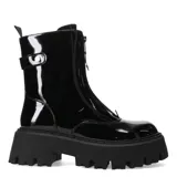 Botas negras de charol con plataforma y cierre frontal con cremallera.