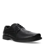 Zapato de vestir de cuero negro con cordones y suela de goma.