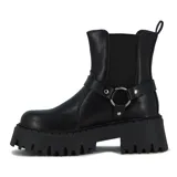 Bota de dama de caña media color negro, con hebilla decorativa y elástico lateral.