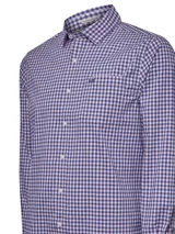 Camisa de hombre de manga larga con estampado a cuadros azules y rosas. Confeccionada en popelina elástica de algodón orgánico con tecnología Natural Flex.
