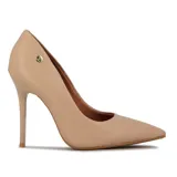 Zapato de tacón alto Vizzano, color nude, con punta fina y detalle de logo dorado en el lateral.