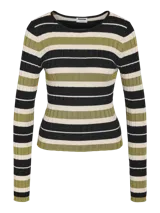 Top de punto a rayas horizontales en color verde musgo, negro y beige, con cuello redondo y mangas largas.