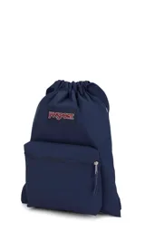 Mochila tipo bolso JanSport Draw Sack color bordó, con logo estampado en el frente y bolsillo frontal con cierre. Se cierra ajustando las cuerdas superiores. Ideal para uso casual.