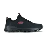 Championes Skechers Glide-Step Fasten Up, color negro con detalles en rojo. Capellada de tejido de punto suave, plantilla acolchada Skechers Air-Cooled Memory Foam y entresuela geométrica Glide-Step.