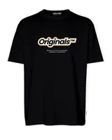 Camiseta negra de manga corta y cuello redondo, con estampado frontal de la marca "Originals" en color blanco con borde amarillo.