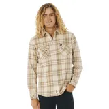Camisa de franela a cuadros beige, de manga larga con dos bolsillos frontales con solapa abotonada.