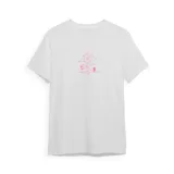 Remera blanca de algodón con estampado de un sol con gafas de sol y una tabla de surf.