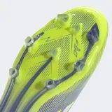 Championes de fútbol Adidas F50 Elite para terreno firme, con exterior en tonos morado iridiscente y verde lima, tres franjas plateadas y cordones morados. Poseen suela con tapones transparentes.