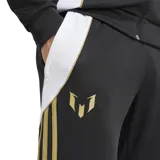 Pantalón de fútbol Adidas Messi negro con detalles en dorado y blanco.