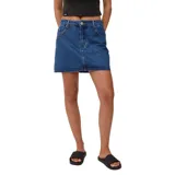 Minifalda de jean azul con bolsillos delanteros y traseros.