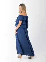 Falda larga azul marino de algodón italiano, con cintura elástica y cinto de rafia elastizado incluido.