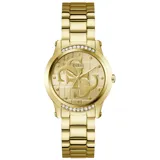 Reloj analógico Guess Annette para mujer, con caja redonda de 36mm y correa de eslabones de acero inoxidable en tono dorado. La esfera dorada presenta un fondo texturizado con el logo 'G' de Guess en relieve y marcadores de hora en forma de puntos y cristales incrustados en la parte superior e inferior del bisel.
