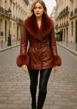 Campera tipo tapado color marrón, con cuello y puños de piel sintética desmontables. Incluye un cinturón con hebilla cuadrada para ajustar la silueta y cierre frontal de botones.