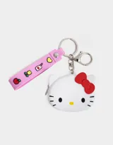 Llavero con monedero de silicona con forma de la cara de Hello Kitty, con moño rojo y correa rosa con dijes.