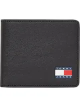 Billetera plegable de cuero negro con logo Tommy Jeans en la parte inferior. Interior con múltiples ranuras para tarjetas y billetes.