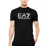 Remera de manga corta, cuello redondo, color negro, con el logo EA7 Emporio Armani estampado en tono gris oscuro en el centro del pecho.