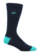 Calcetines largos de vestir color azul marino con talón y puntera en color turquesa. Presentan un pato bordado en color turquesa en la parte superior.