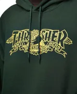 Canguro verde oscuro con capucha y bolsillo delantero. Estampado amarillo con el logo de Thrasher y Anti Hero en el pecho.