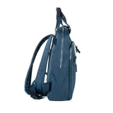 Mochila celeste de poliéster con formato rectangular, acceso con cierre doble, asas fijas y correa regulable.