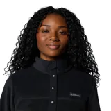 Buzo polar Columbia para mujer, color azul marino, con cuello alto abotonado y logo bordado en el pecho.