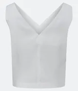 Blusa blanca sin mangas de liocel, con escote en V delantero y trasero, y breteles anchos.