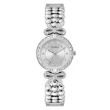 Reloj Guess modelo Ribbon plateado con caja de acero inoxidable de 30mm, esfera plateada con cristales y malla de acero con eslabones G-Link.
