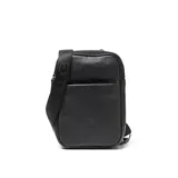 Bandolera negra de cuero con correa de tela con la inscripción "EXTRA" en blanco. Tiene un bolsillo frontal y cierre superior.