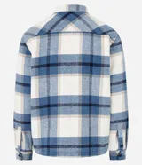 Campera trucker masculina de terciopelo a cuadros en tonos azul, blanco y beige. Tiene cuello inglés, cierre abotonado, bolsillos delanteros y laterales.