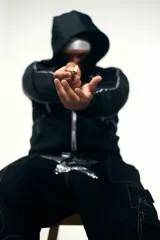 Campera negra de algodón impermeable con doble capucha, una de ellas tipo pasamontañas. Presenta viras y logos reflectivos, y cierres de metal. La parte trasera tiene un estampado de estrella con tachas.