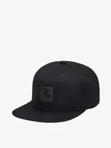 Gorra negra de lona de algodón con diseño estructurado de seis paneles, paneles frontales reforzados, visera plana, etiqueta cuadrada tejida en el frente y cierre a presión en la parte trasera.