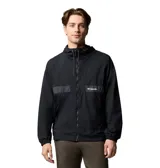 Cortaviento negro con capucha ajustable, cierre frontal con cremallera, bolsillos laterales con cremallera y puños elásticos. Cuenta con tecnología Omni-Shield™ que repele la lluvia y las manchas. Logo de Columbia estampado en el pecho.