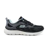 Championes deportivos Skechers Flex Appeal 5.0, color negro con detalles en celeste y blanco. Capellada de tejido knit, cordones, plantilla Air-Cooled Memory Foam y suela Flex Lite.