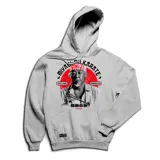 Canguro gris con capucha y bolsillo delantero, con estampado de Mr. Miyagi y el logo de Miyagi-Do Karate.