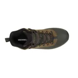 Bota de trekking Merrell Thermo Kiruna 2 Mid Waterproof para hombre, color marrón y verde. Confeccionada en cuero impermeable, con aislamiento PrimaLoft® Gold Eco Series de 400 gramos y suela de goma adherente Merrell diseñada para el invierno.