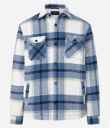 Campera trucker masculina de terciopelo a cuadros en tonos azul, blanco y beige. Tiene cuello inglés, cierre abotonado, bolsillos delanteros y laterales.