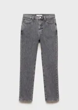 Pantalón de jean gris oscuro, tiro medio, corte slim, diseño crop y bolsillos delanteros y traseros.