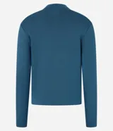 Sweater negro de punto con cuello redondo, puños y ruedo acanalados. Incluye cuello, puños y ruedo de camisa celeste a rayas.