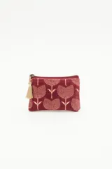 Bolso mini de terciopelo color borgoña, con bordado de tulipanes dorados y cierre superior con tirante de hilo metalizado.