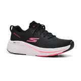 Championes deportivos Skechers Max Cushioning Elite 2.0, color negro con detalles en rosa. Capellada de malla, cordones, plantilla Air-Cooled Goga Mat, entresuela Ultra Go y suela flexible.