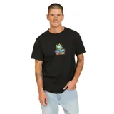 Remera negra de manga corta con cuello redondo y estampado en el pecho con el logo de Volcom y un diseño de sol con un ojo.