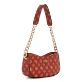 Bolso de hombro Guess modelo Evelune, color rojo con estampado del logo de la marca en tono marrón. Cuenta con herrajes dorados, cierre superior con cremallera y múltiples bolsillos interiores. El asa combina una parte de cuero sintético con una cadena dorada.