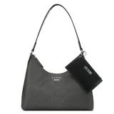 Bolso hobo Guess color negro con estampado de logos, correa corta de hombro y monedero extraíble con cierre.