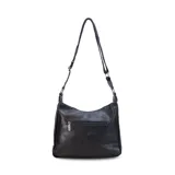 Bandolera marrón de símil cuero con correa larga regulable. Tiene dos bolsillos frontales con cierre, apertura superior con cierre, bolsillos internos con cierre y abiertos, y un bolsillo trasero con cierre.