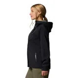 Campera impermeable y transpirable Columbia Earth Explorer II para mujer, color negro, con capucha ajustable, dobladillo y puños con cordón de ajuste, costuras totalmente selladas, ventilación en las axilas, bolsillos con cremallera y dobladillo en cola.