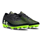 Championes de fútbol Under Armour Magnetico Pro 4 FG, color gris oscuro con detalles en negro y verde flúor. Presentan el logo de Under Armour en blanco en el lateral y suela con tapones para césped natural.