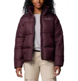 Campera acolchada tipo puffer de mujer, color borgoña oscuro, con cuello alto y cierre frontal completo. Presenta costuras horizontales que crean compartimentos rellenos de aislamiento Thermarator™.