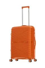 Valija rígida color naranja con diseño de líneas horizontales en relieve, carro reforzado, cierre expansible, ruedas dobles spinner 360, sujeción y compartimiento interno. Candado incorporado. Material Polipropileno. 19 Pulgadas.