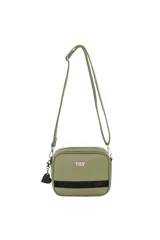 Bandolera negra con correa ajustable y logo TRDY en verde agua.