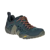 Zapatillas de senderismo Merrell Intercept de cuero azul con cordones naranjas y suela Vibram.