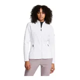 Campera blanca con cierre frontal, cuello alto y bolsillos laterales con cierre.